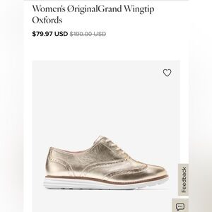 Cole Haan Metallic Gold OriginalGrand Wingtip Oxfords Flats Brogues